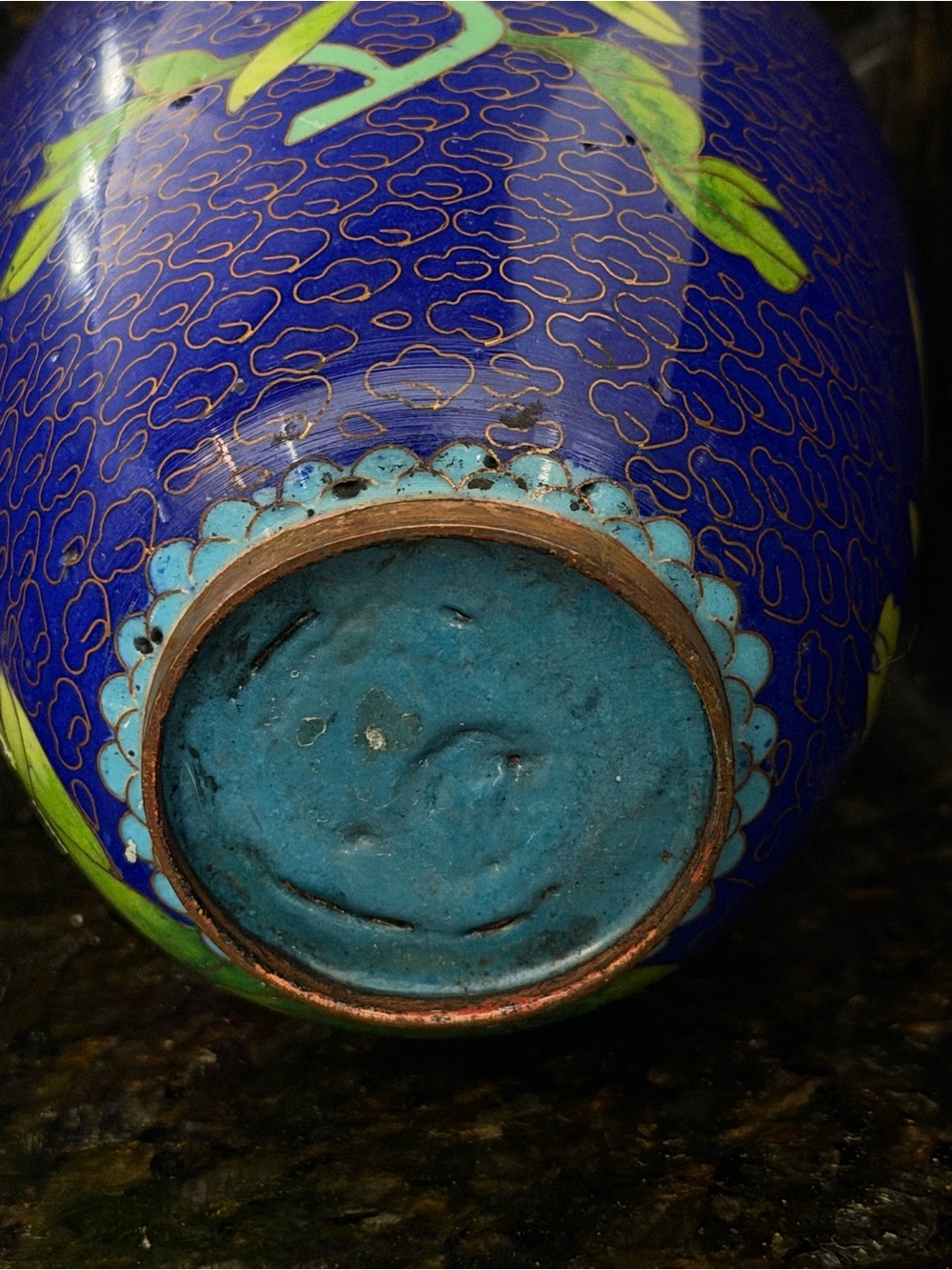 Vintage Chinese Cloisonné Petite Vase | Cobalt Blue Floral Peony 4.5” - Picture 8 of 8